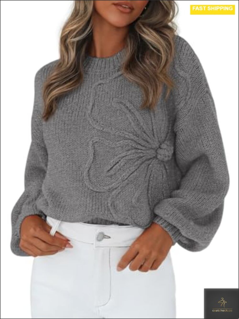 Chunky Knit Pullover Sweater, Crew Neck Long Sleeve Floral Pattern, Lightweight